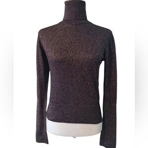 ZARA Women Small Knit Turtleneck Brown, Black‎ & Gold Metallic Knit Sweater
